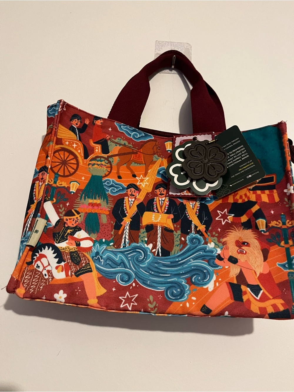 Illustrated Festival Tote Bag in Multi-Color with Burgundy Handles